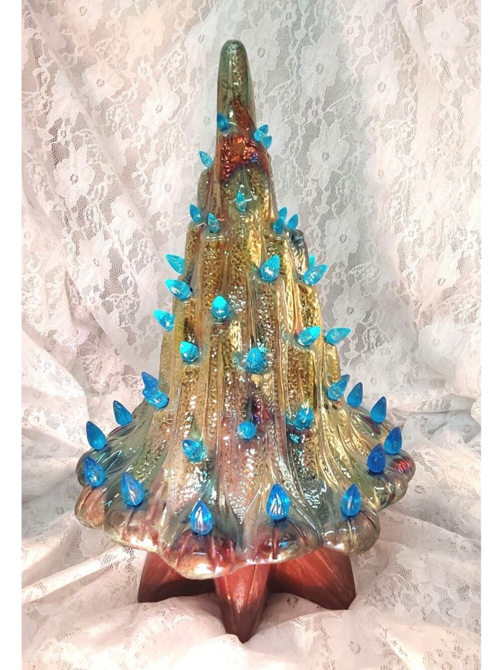 Handcrafted Raku Ceramic Christmas Tree With Blue Light Pegs & Copper-Toned Base